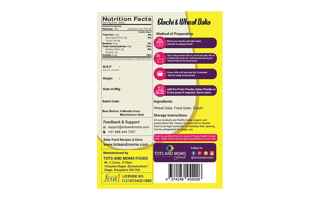 Tots And Moms Foods Instant Elachi & Wheat Dalia   Pack  200 grams